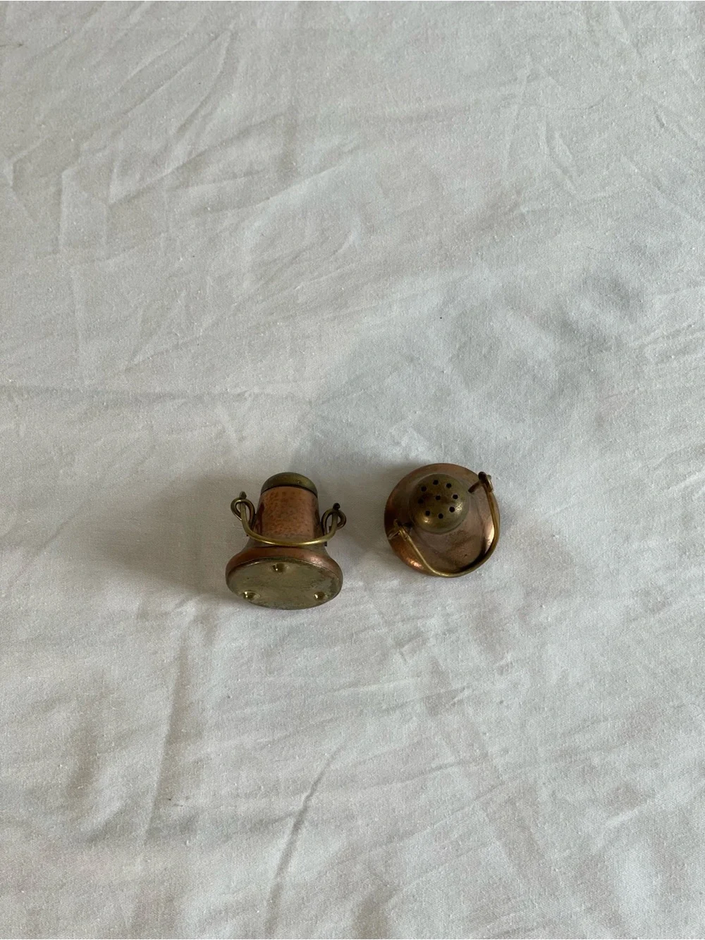 Vintage Copper Bell-Shaped Salt and Pepper Shakers with Brass Handles